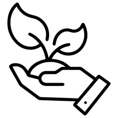 Hand with a seed sampling (outline style). A hand presents a small mound from which a plant with leaves is growing, symbolizing growth, care, or nature. Represents nurturing new life, environmental