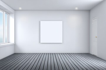 Empty White Room with Blank Canvas Artwork and Gray Wood Floor Perfect for Mockups