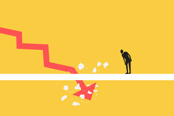 Financial crisis, recession, depression vector concept with downward graph.  Symbol of stock market crash, Financial crisis, depletion of savings and bankruptcy. Devaluation, inflation. Impoverishment