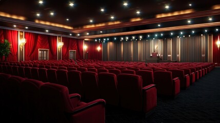 Elegant vintage cinema interior with plush red seats and dramatic lighting, showcasing a spacious auditorium