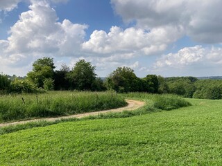Feldweg schlängelt sich durch die Natur im Bergischen Land im Frühling unter blauem Himmel mit Wolken