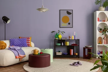 Gardinen Farbenfroh Modern and colorful interior of living room with design boucle sofa, mock up poster, shelf, plants, decorations and personal stuff. Home decor..  © FollowTheFlow