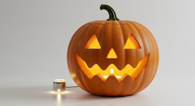 Carved Halloween pumpkin with LED light glowing inside on white background