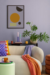 Interior desgin of modern living room interior with mock up poster frame, colorful decorations and accessories, plants, sofa, coffee table. Blue wall. Home decor. Template..