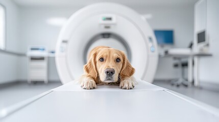 A dog is laying on a table in a room with a medical machine