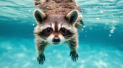 An adorable raccoon swimming underwater, looking directly at the camera.