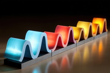 Fototapeta premium Colorful, abstract wave-shaped forms arranged in a row, transitioning from blue to orange, illuminated from within on a reflective surface.