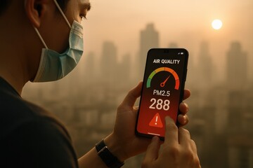 Air Quality Monitoring: A person monitors concerning pollution levels, gazing at a smartphone displaying a high PM2.5 reading, set against a cityscape.