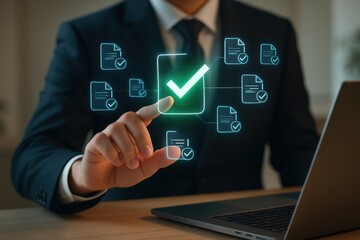 Businessman Approving Documents: A businessman in a suit sits at a desk, using a finger to select a document with a checkmark, surrounded by other approved documents in a digital interface.