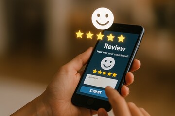 Review feedback of App in hand: Close-up view of a hand holding a smartphone displaying an online review interface with stars indicating positive feedback, the scene emphasizes customer satisfaction.