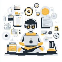 Modern Robot Working on Laptop Digital Technology AI web data flat gray style white smart future    