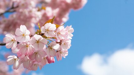 Delicate pink cherry blossoms against blue sky