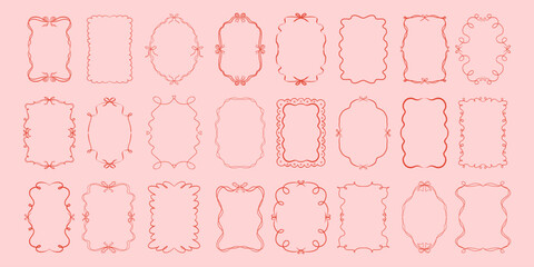 Set of doodle hand drawn trendy coquette frames with bows, ribbon and wavy lines. Vintage whimsical borders. Modern vector design template for wedding invitation, birthday card, print, holiday poster.
