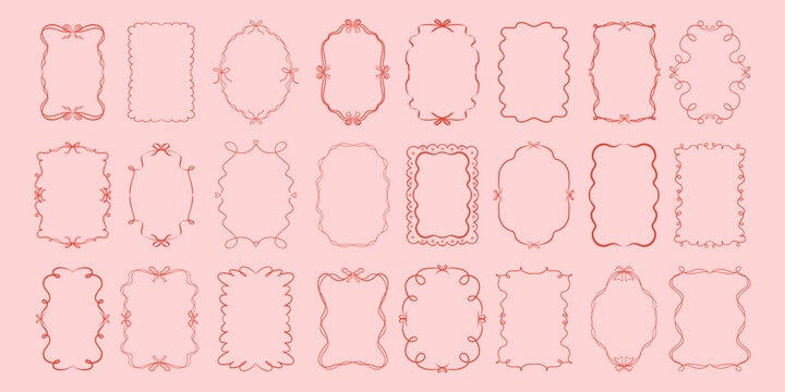 Set of doodle hand drawn trendy coquette frames with bows, ribbon and wavy lines. Vintage whimsical borders. Modern vector design template for wedding invitation, birthday card, print, holiday poster.