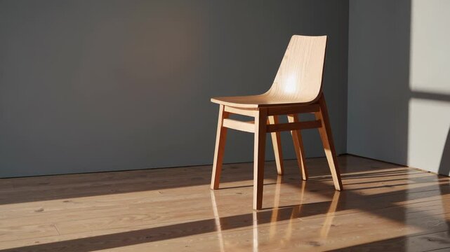 Sunlight streaming across wooden chair, casting soft shadows on parquet flooring within minimalist, grey walled interior space