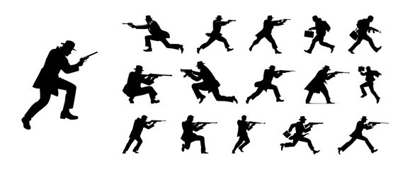 Gangster action silhouette vector set | Dynamic running and shooting poses for crime scene and thriller design projects
