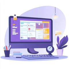 Modern Computer Desktop Workspace Design Purple Theme Digital Illustration ui ux art flat data style