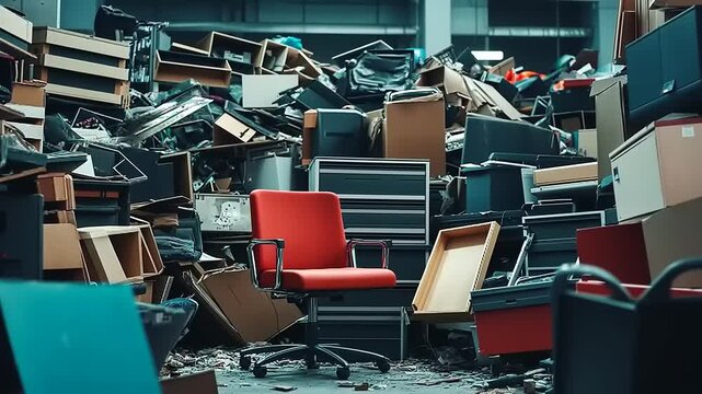 Abandoned office space filled with clutter, featuring a lone red chair amidst disarray