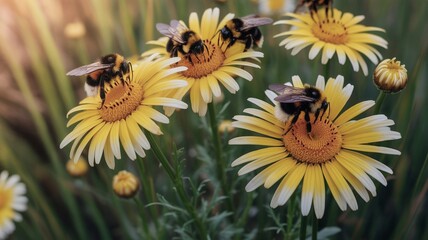 Bumblebees pollinating yellow crown daisies in sunlight
