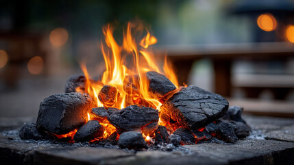 Glowing embers blaze brightly outdoors