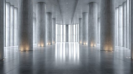 Fototapeta premium Modern concrete hall with towering columns and luminous windows, embodying architectural minimalism and serene grandeur.