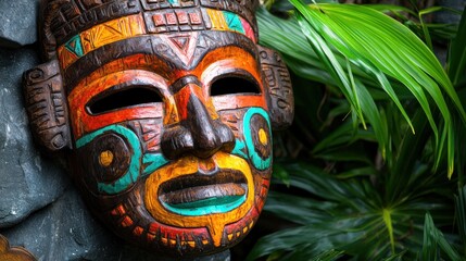 Vibrant wooden mask adorned with intricate carvings, surrounded by lush tropical foliage