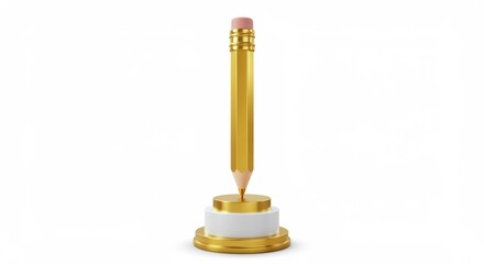 Golden pencil trophy on pedestal: Symbolizing success and creative achievement