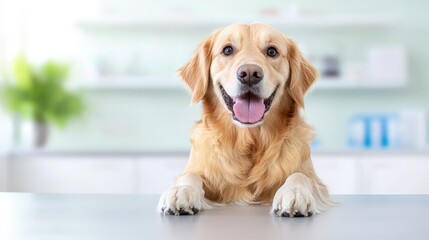 A dog is sitting on a table and looking at the camera