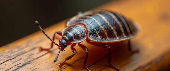 Macro photo of bed bug crawling on tree branch
