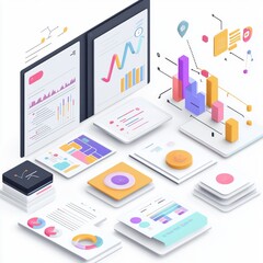 Isometric Colorful Business Data Charts Graphs Infographic Presentation app icon report growth      