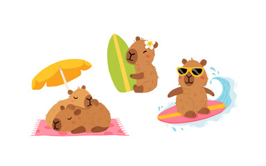 Set of cute summer capybaras in various poses and items. Hand drawn cartoon flat style. Vacation seasonal template for design, kids collection