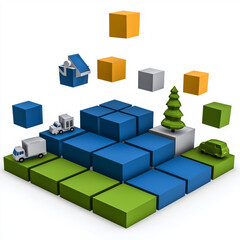 Fototapeta premium Value chain supply chain strategy. Logistics innovation. Manufacturing strategy. Clip art 3D. Tiered supply chain system with value stages illustration.