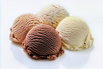 Fototapeta premium Assorted ice cream scoops in chocolate, vanilla, and caramel flavors on a white background.