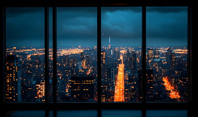 Nighttime city skyline viewed through tall windows; city lights blur into a glowing band amid dark skyscrapers