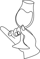 Image of clinking wine glass. Hand raised to clink glasses to celebrate Christmas or achievements, black line contour  illustration.