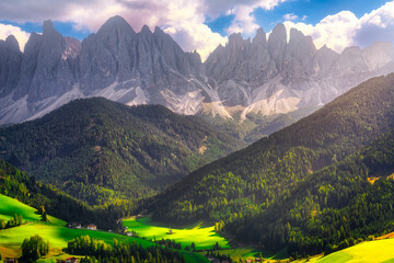 Val di Funes or Villnösstal landscape. San Giovanni in Ranui chapel and Odle mountain, Dolomites Alps, Italy.