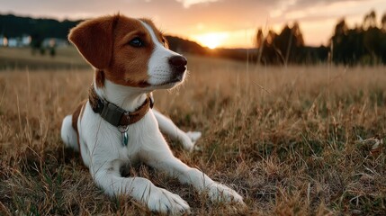 Puppy relaxing in sunset meadow