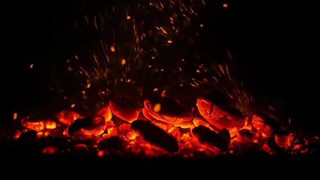 A close-up animation of glowing hot charcoal embers with sparks flying upwards against a dark background. Perfect for fire, heat, and energy-related themes.
