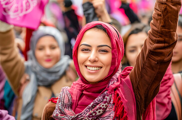 women empowerment : activists moslem woman defending rights on 8 march demonstration international womens day. Purple colours.	