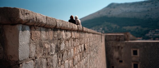 Two friends share a quiet moment overlooking a scenic view from an ancient stone wall, blending history and friendship together.
