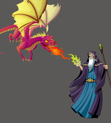 a fierce battle of dragons against witches