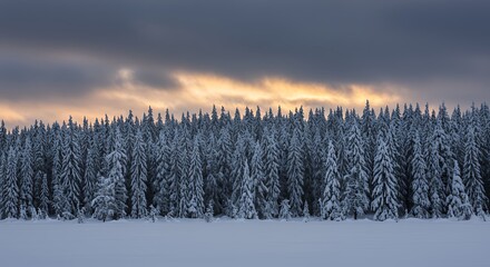 Snow Covered Forest at Sunset