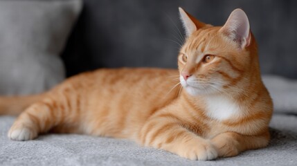 Orange tabby cat with white chest resting on grey couch. Domestic pet portrait in natural light. Feline companion relaxing at home. Animal photography concept for pet care