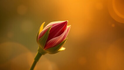 Fototapeta premium detailed closeup tulip bud, vibrant red and yellow petals, glowing warm light, natural bokeh background, striking composition, highly detailed, award winning photography, sharp focus, ultra realistic 