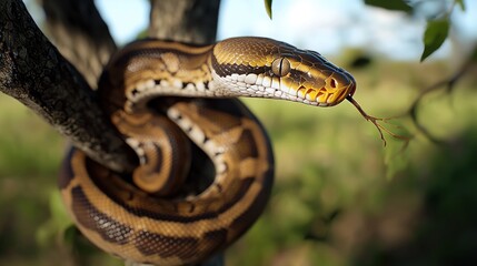 Fototapeta premium A close-up view of a snake resting on a tree branch, surrounded by lush greenery and natural habitat