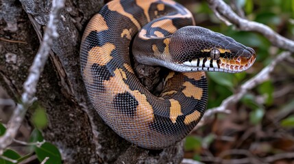 Fototapeta premium Close-up of a vibrant snake resting on a tree branch in a lush green environment
