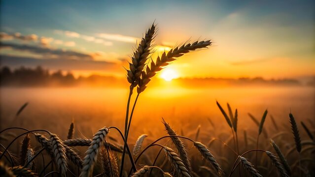 wheat field at sunrise with fog in the background