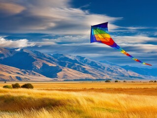 Colorful Rainbow Kite Soaring High Above Golden Grasslands With Majestic Mountains Under Azure Sky