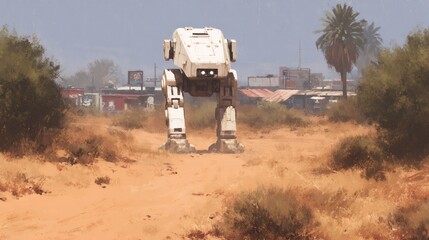 Futuristic military robot walker in desert landscape with palm tree. Science fiction combat machine concept. Digital art with post-apocalyptic atmosphere for game or book design