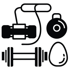 Fitness Equipment Icons Dumbbells, Kettlebell, Jump Rope, and Weights